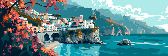 Iconic Amalfi Coast Vista: Stylized Illustration of Cliffside Villages against Azure Seas Ideal for Travel Posters and Mediterranean Themes - obrazy, fototapety, plakaty