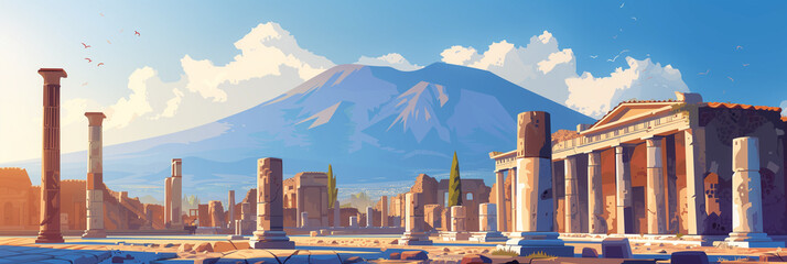 Resplendent Ruins of Ancient Pompeii: A Stylized Depiction of Historic Grandeur Against the Backdrop of Mount Vesuvius