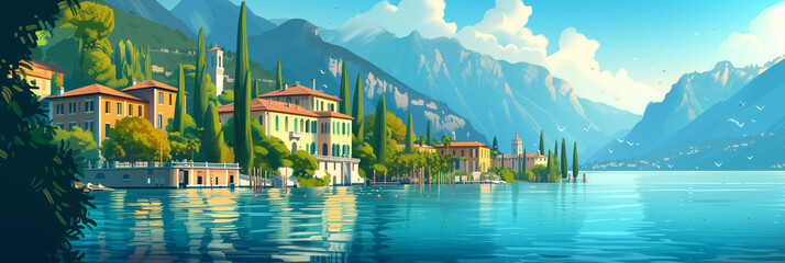 Fototapeta na wymiar Idyllic Lake Como Shoreline with Elegant Villas and Alpine Backdrop: A Stylized Illustration Perfect for Travel and Lifestyle Features