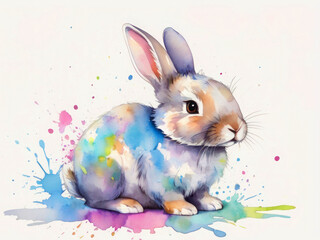 Texture watercolor illustration, cute bunny isolated on white background. Splashes of paint, bright pastel colors, Easter.