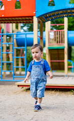 Fototapeta na wymiar Little boy is walking in the park on the playground.