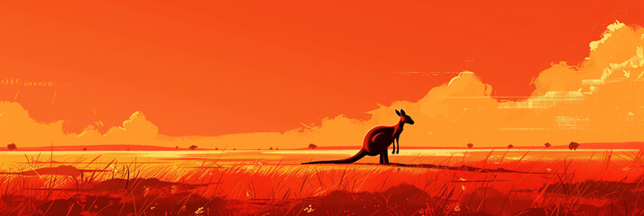 Outback Solitude: Stylized Silhouette of a Kangaroo against the Vast Red Desert at Sunset