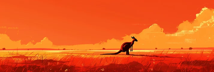 Keuken foto achterwand Outback Solitude: Stylized Silhouette of a Kangaroo against the Vast Red Desert at Sunset © Rade Kolbas