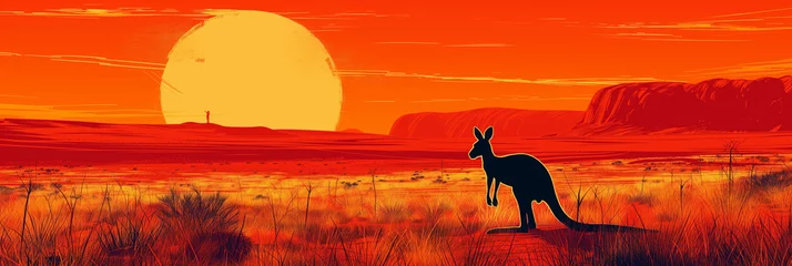 Gordijnen Outback Solitude: Stylized Silhouette of a Kangaroo against the Vast Red Desert at Sunset © Rade Kolbas