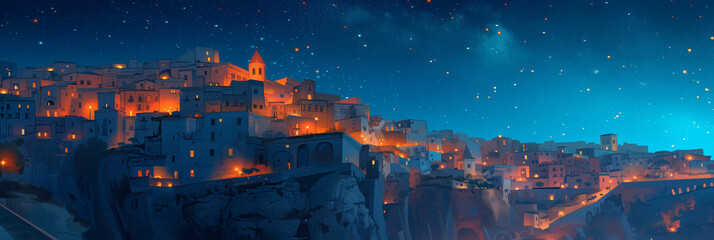 Twinkling Stars Over Mediterranean Hillside Town at Night: Idyllic Landscape for Travel and Culture Themes