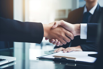 Close-up of firm handshake between business professionals in modern office