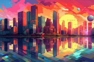 illustration of a colorful sunset reflecting on a lake with towering buildings and abstract elements. Generative AI - obrazy, fototapety, plakaty