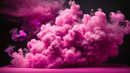 Fototapeta premium Beautiful pink bright smoke spreading across the floor. Elegant scene, textured clouds of fog on a dark background.