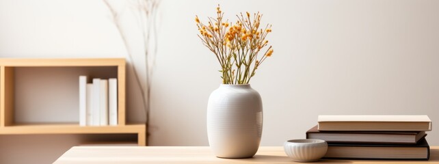 Ceramic vase with dry grass on the table and shade from sunlight