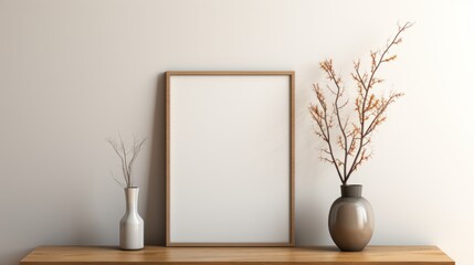 Mockup frame on table, ceramic vase with dry grass and sunlight shadow