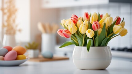 Bouquet of tulips, easter eggs on the kitchen table