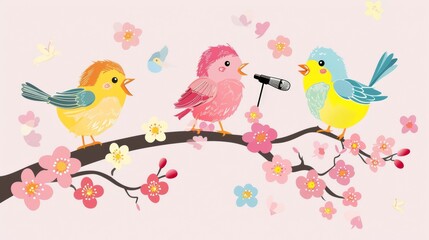 cute birds i with microphone on the tree singing songs.,spring concept