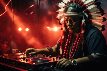 Fototapeta na wymiar A Native American DJ confidently mixes music on a turntable, creating a vibrant and energetic atmosphere.