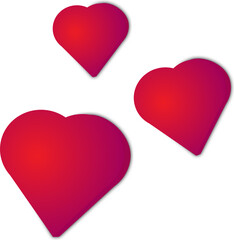 Set of red hearts illustration. 3D romantic love heart isolated on transparent background, png icon.