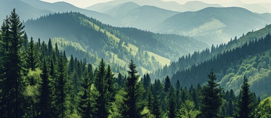 Northern woodland scenery, viewed from above, with green pine forest and dark spruce trees on mountain hills. - obrazy, fototapety, plakaty