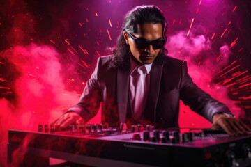 A man dressed in a suit and sunglasses energetically performs a DJ set, manipulating music tracks...
