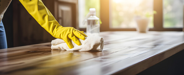 A woman wearing rubber gloves is dusting.