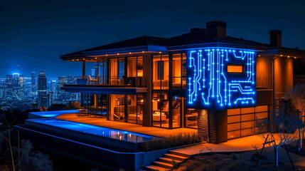 Fototapeta na wymiar Modern hilltop house glowing with neon circuit patterns, overlooking a city skyline at night, showcasing smart home technology