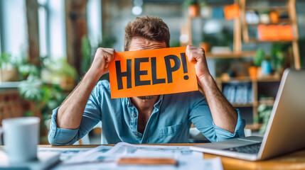 Stressed man asking for help