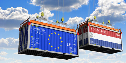 Shipping containers with flags of European Union and Netherlands - 3D illustration