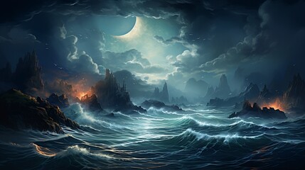 Seascape night fantasy of beautiful waves with full moon 