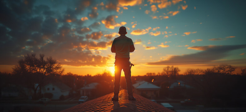 A panoramic, wide angle image of a silhouetted roofer with his arms crossed standing proudly atop the rooftop of a house, the sun glows with a golden color on the horizon