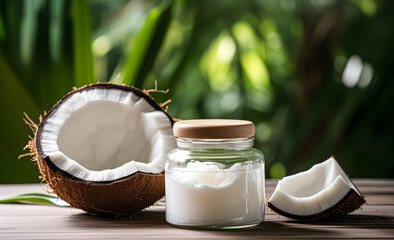 Fototapeta na wymiar Coconut oil with fresh coconut for alternative therapy. Creative banner.