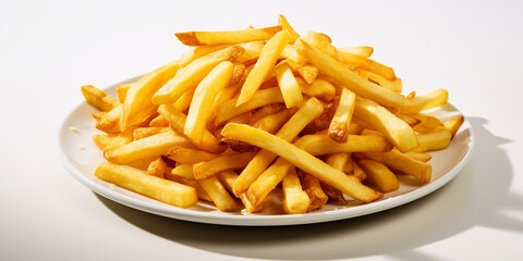 A plate of golden crispy French fries with each fry glistening in the soft lighting. Ai generated