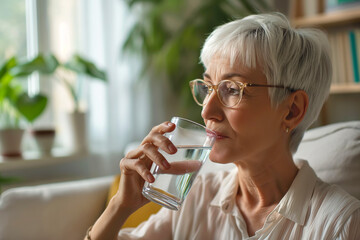 Happy elderly woman drinks pure water at home