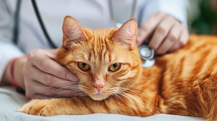 Close-up of a veterinarian's hands listening to a ginger cat with a phonodoscope at an appointment in a veterinary clinic. Animal care concept. Close-up