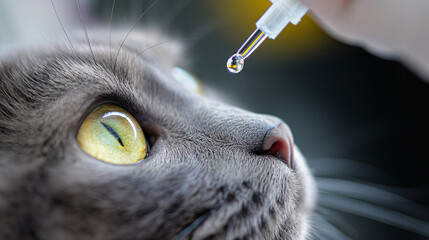 A veterinarian instills medicine into the eyes of a gray cat at a clinic during an appointment. Cat eye examination. Veterinary medicine concept. Close-up