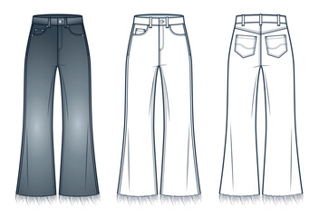 Cropped Jeans Pants technical fashion illustration. Raw Hem Denim Pants fashion technical drawing template, high waist, flared fit, front and back view, white, grey, women, men, unisex CAD mockup set.