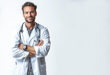 A young successful stylish doctor in a white uniform and a stethoscope stands on a clean white background. Portrait of a handsome smiling doctor. Authority and success concept