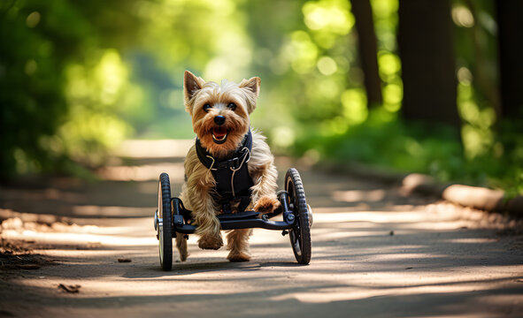 A disabled dog in a wheelchair, walking.