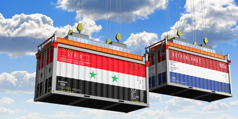 Shipping containers with flags of Syria and Netherlands - 3D illustration