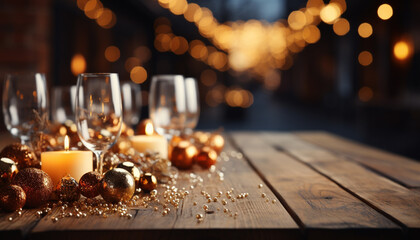 Luxury celebration table decoration, candle, wine, illuminated background generated by AI