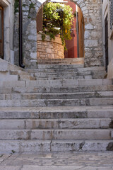 Medieval Gate of the Holy Cross with stone stairs, Rovinj, Croatia, Istria