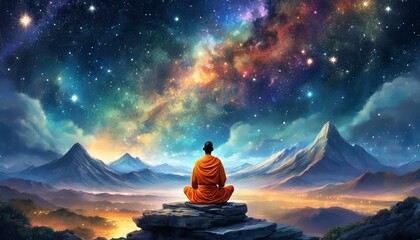 Buddhist in front of epic landscape, meditating, colorful sky, universe with stars and galaxies - obrazy, fototapety, plakaty