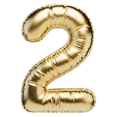 Number two in the shape of a balloon, isolated on a transparent background. An inflatable balloon of gold color with a glossy texture.