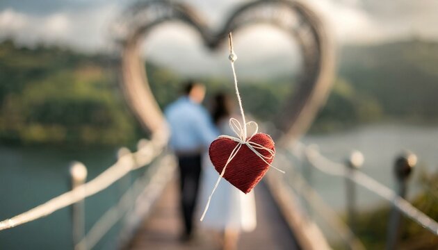 Foto de um cora&ccedil;&atilde;o pendurado em um barbante e ao fundo um casal desfocado caminhando em uma ponte em formato de cora&ccedil;&atilde;o
