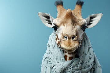 Naklejka premium Poster with image of a giraffe in a knitted scarf on a blue background