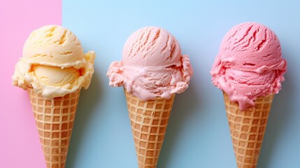 Pastel-hued ice cream cones on a simple background evoke the joy