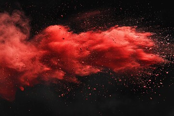 Abstract explosion of red dust on black background. Abstract red powder splatter on dark background. Freeze motion of red powder splash. - obrazy, fototapety, plakaty