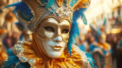 Revelers don stunning outfits, from exotic masks to feathered headdresses - obrazy, fototapety, plakaty
