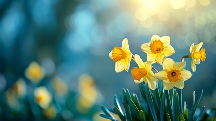 Sunny daffodils sway in a gentle breeze on a radiant spring day.