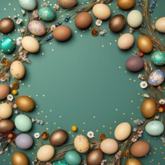 Khaki background with colorful easter eggs round frame texture