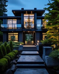 Fototapeta premium A photo featuring a house with numerous windows and a set of steps leading to its entrance.