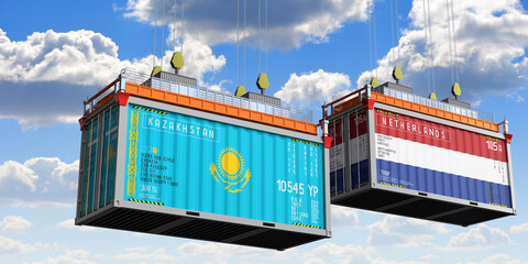 Shipping containers with flags of Kazakhstan and Netherlands - 3D illustration