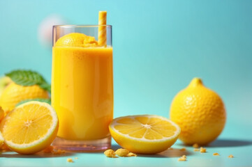 Bright yellow detox smoothie lemon slice sunny background 