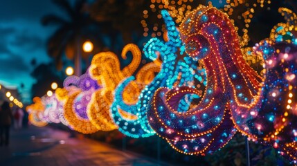 Gigantic floats adorned with sequins and LED lights glide through the night